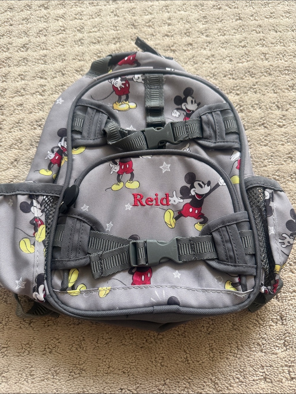 Pottery Barn Kids Gray Mickey Mouse Print Backpack with Red Embroidery